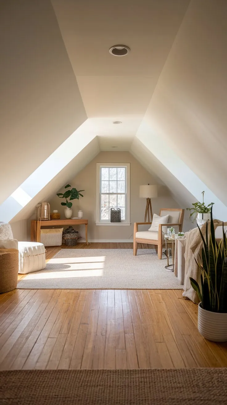 Step into the beautifully composed attic, where the warmth of the wood underfoot and the artful decor conspire to create a space that wraps you in a perfect equilibrium of comfort and style, urging you to simply breathe and be.