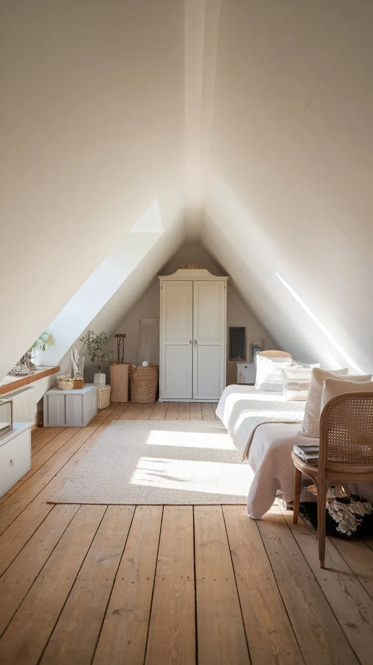 Sunlight spills across the honeyed wood of the attic floor, illuminating the crisp white canvas of the walls – a haven where inspiration blooms and tranquility settles deep in your bones.