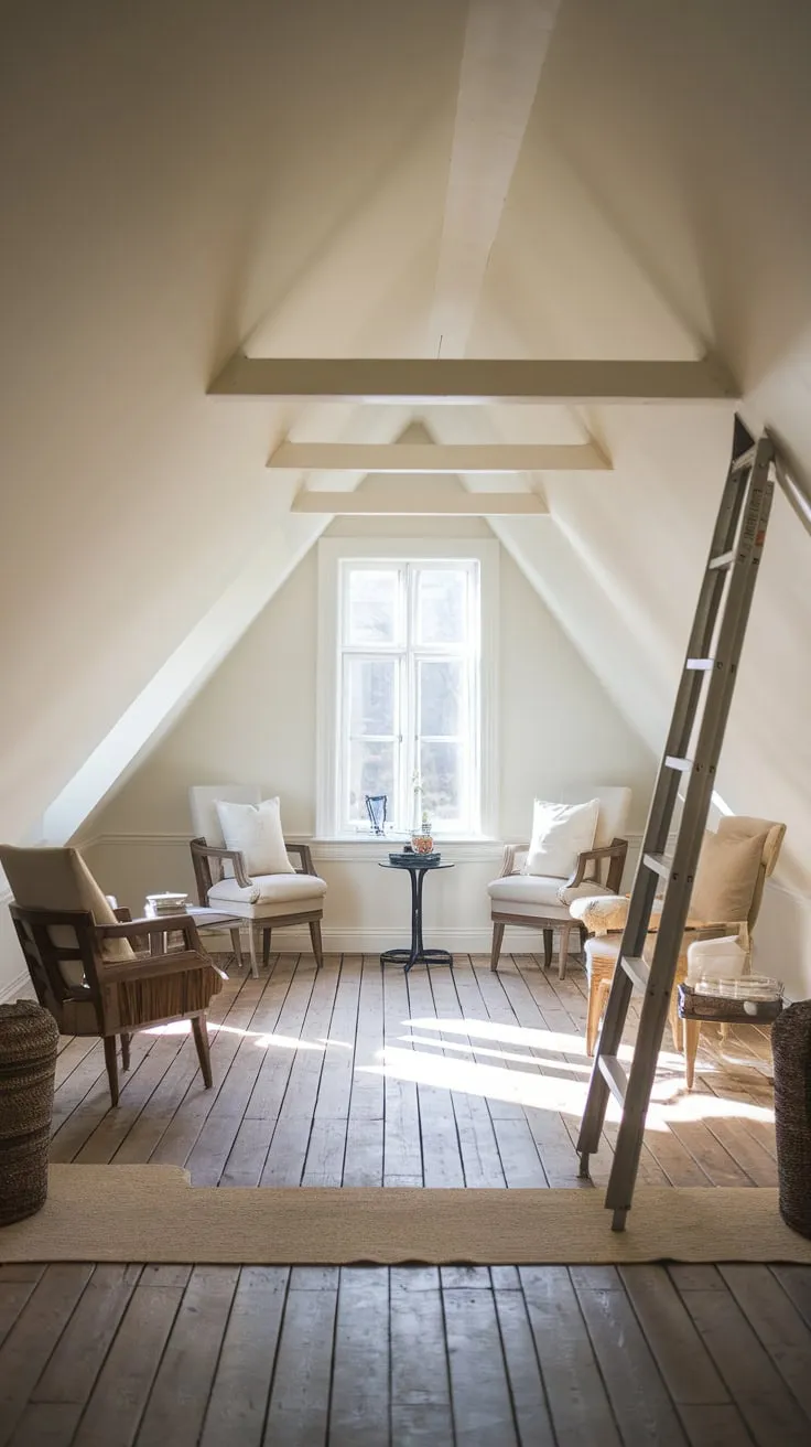 The attic flooring's warm wooden planks complement the serene, neutral color scheme, creating an inviting space perfect for quiet reflection.