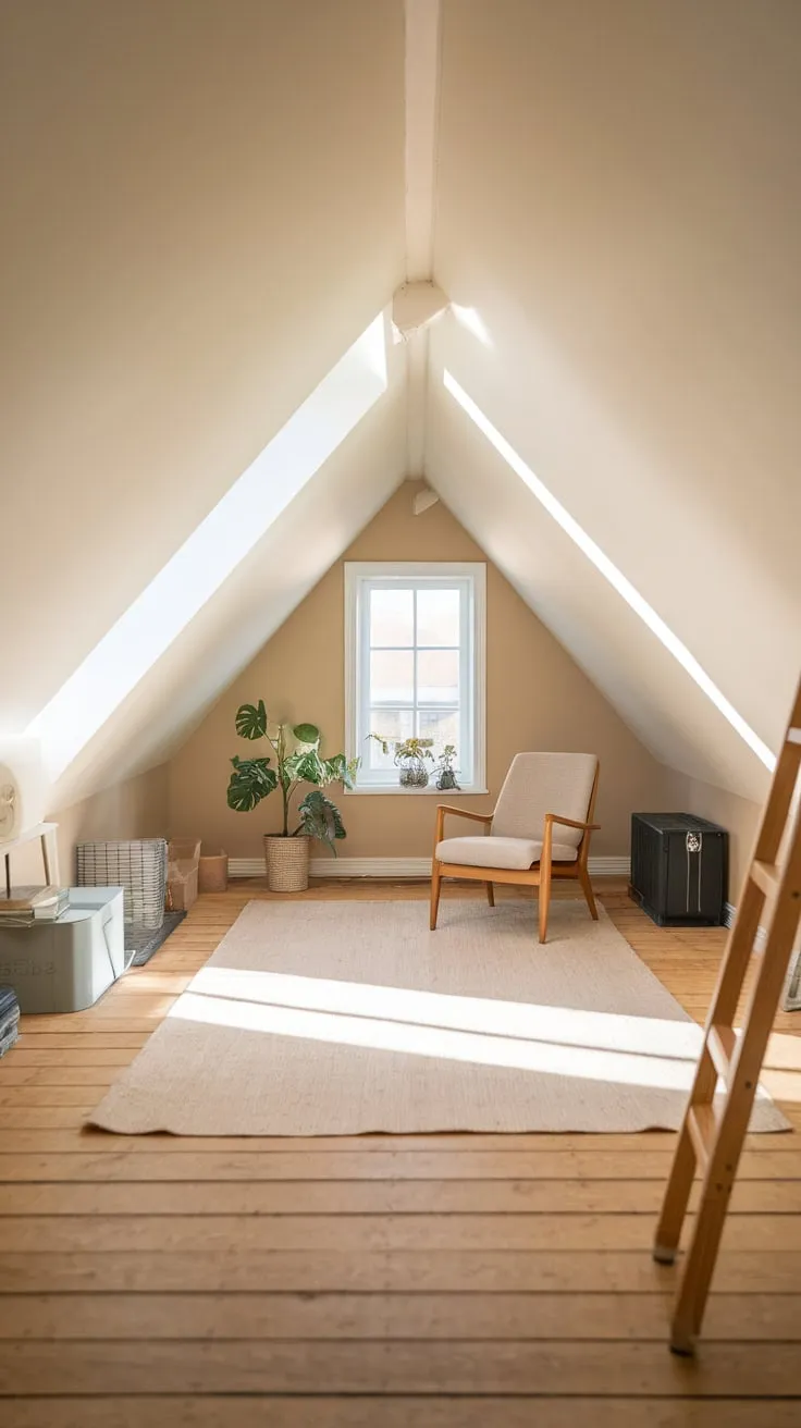 Sunlight streams through the dormer windows of this thoughtfully designed attic, illuminating the warm wooden floor and soft beige walls, creating a haven where comfort dances with simplicity, beckoning you to unwind and unleash your inner muse.