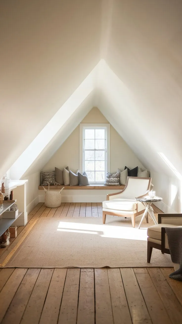 Sunlight spills across the warm wooden floorboards of the exquisitely arranged attic, beckoning you to shed the day's burdens and sink into its minimalist embrace, a haven of serene style crafted just for you.