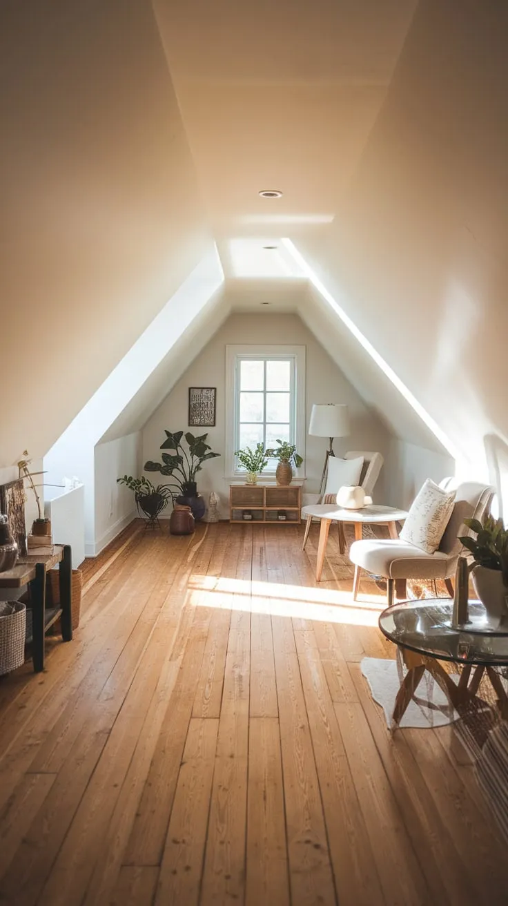 The attic flooring, crafted from elegant wooden planks, complements the serene ambiance of this tastefully furnished and inviting space.
