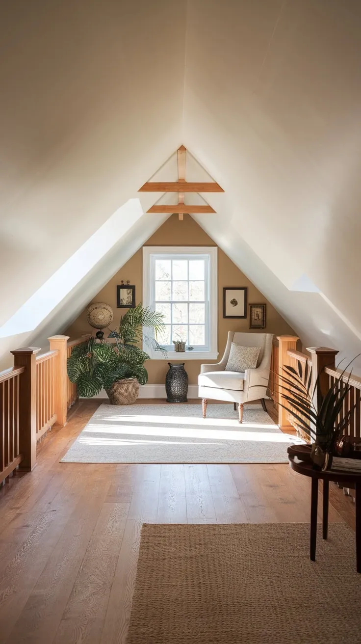 Imagine stepping into this attic, bathed in the soft glow of natural light, the warm, neutral flooring inviting you to unwind in a serene space where simple decor soothes the soul.