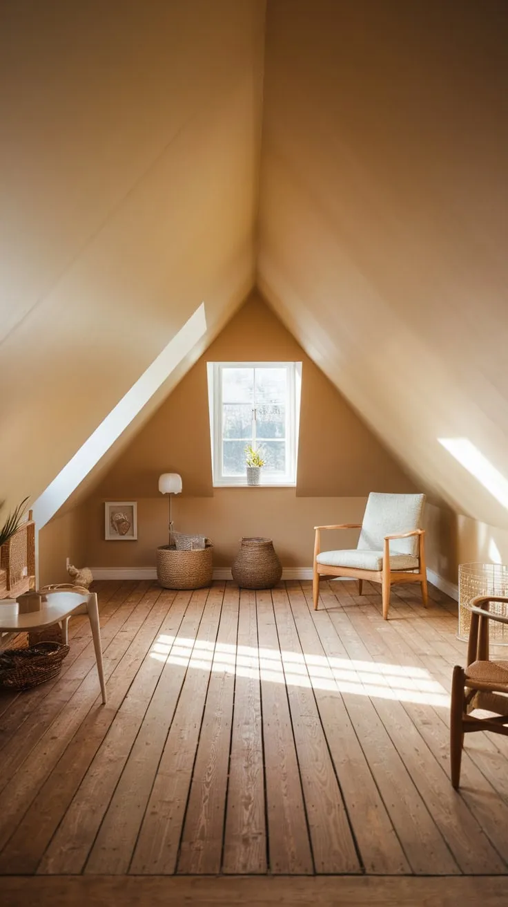 Sunlight streams through the dormer windows of your attic sanctuary, painting the warm beige walls in a soft glow, while the rich wooden floor whispers promises of quiet moments and boundless inspiration. Here, nestled away from the world, you can finally breathe and let your imagination take flight.