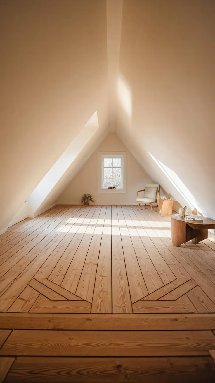 Sunlight warms the exquisitely designed attic floor beneath your bare feet, its subtle texture enhancing the room's tranquil aura, inviting you to unwind and let your imagination soar.