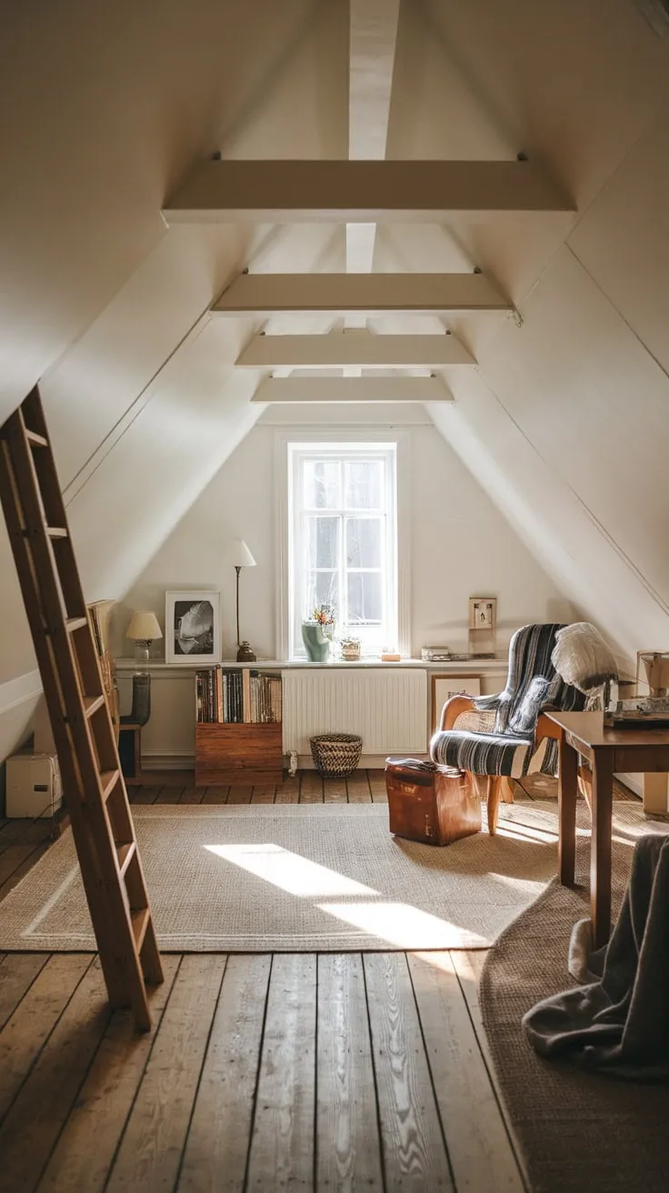 Escape to this enchanting attic, where the warm embrace of wooden floors and thoughtfully sparse furnishings conspire to unlock your creative spirit and soothe your weary soul.