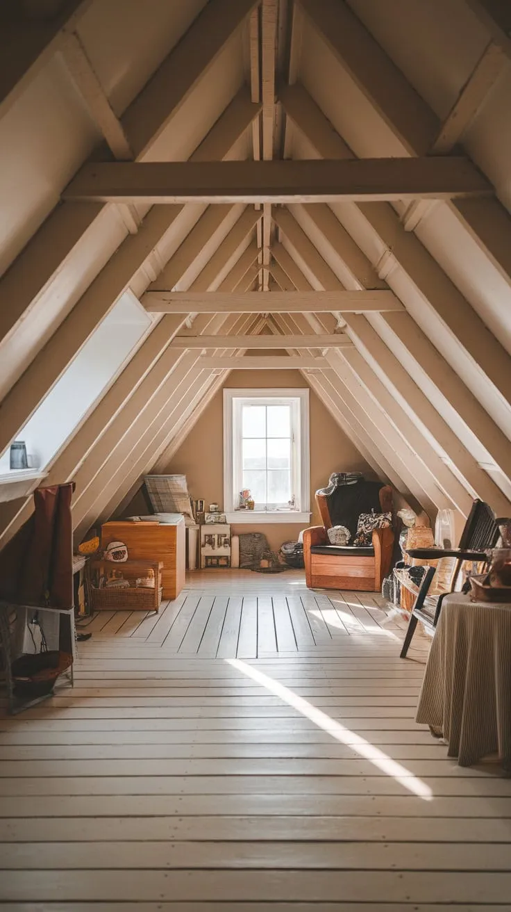 Sunlight spills across the meticulously crafted attic floor, dancing on the warm, exposed beams, beckoning you to sink into the quiet charm of a space brimming with personal stories.