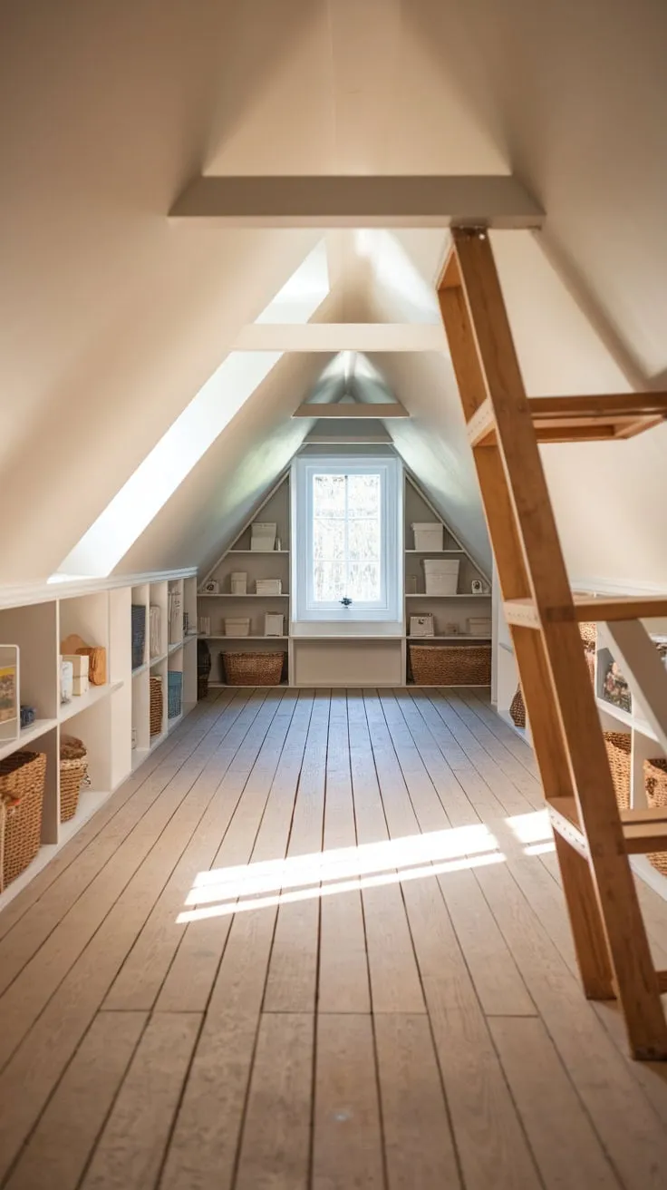 Sunlight streams through the dormer windows of the attic, illuminating the rustic wooden floorboards beneath your feet, and a comforting warmth wraps around you, beckoning forth a surge of inspiration from every cozy nook.