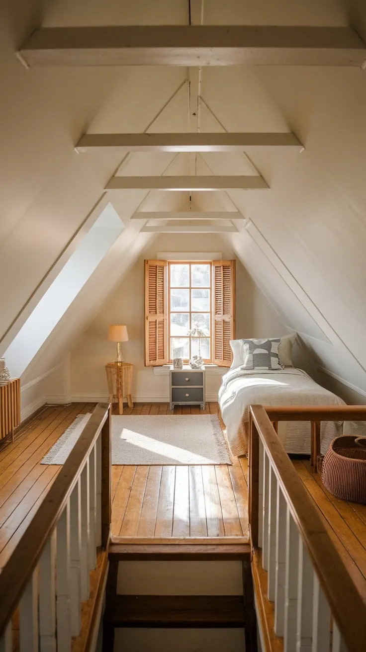 Ascend the stairs and discover your sanctuary: a cozy attic where the inviting atmosphere and artfully crafted flooring conspire to create the ultimate haven for unwinding and igniting your creative spark.