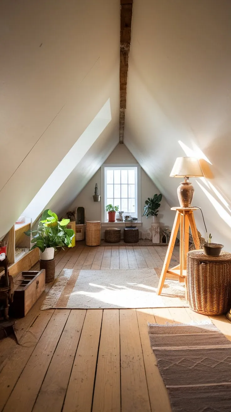 This cozy attic, with its inviting attic flooring and thoughtfully arranged personal touches, creates a perfect retreat for relaxation and inspiration.
