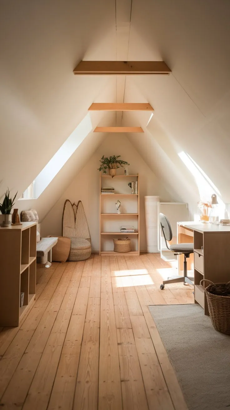 The cozy attic, with its neat pine plank attic flooring and minimalist decor, creates a serene workspace that invites creativity and focus.
