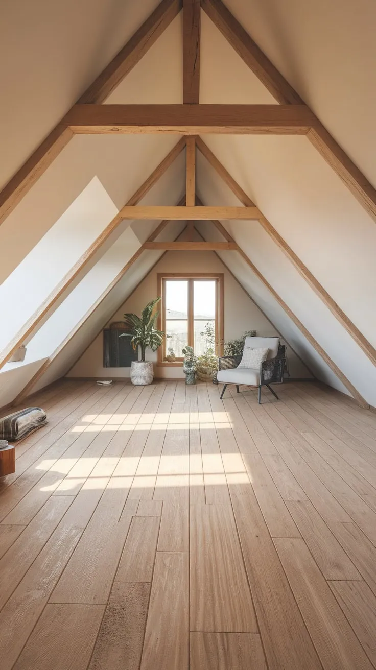 The warm tones of the attic flooring beautifully complement the serene ambiance, creating a perfect retreat for relaxation and inspiration.
