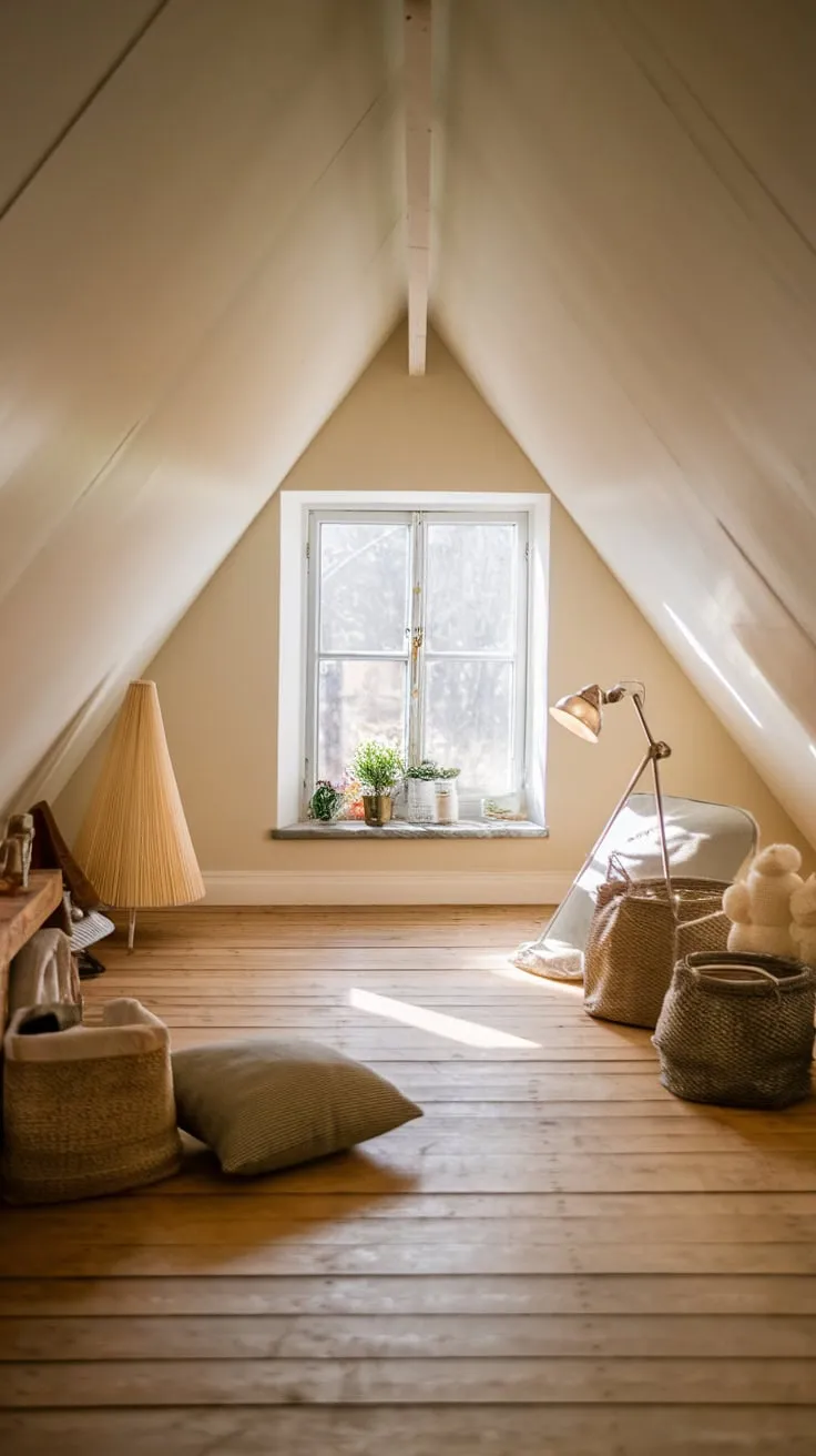 Sunlight spills across the warm wooden floorboards of the meticulously designed attic, beckoning you closer; the soft glow of a vintage lamp promises a haven where relaxation and inspiration intertwine.