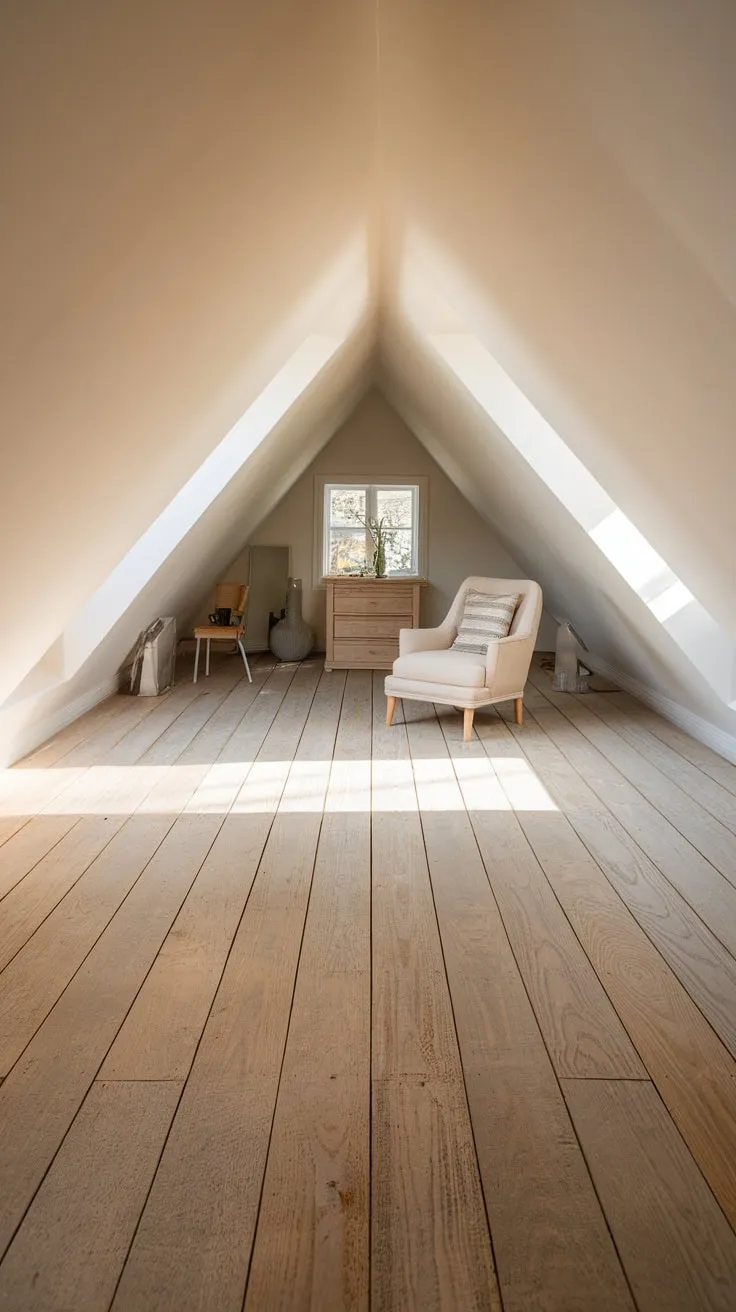 Sunlight spills across the light grey wood of the attic floor, illuminating the minimalist furnishings and transforming the space into a serene retreat where comfort and style effortlessly intertwine, wrapping you in its tranquil embrace.