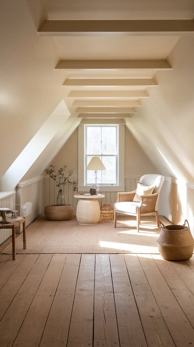 Sunlight spills across the honeyed wood of the attic floor, beckoning you into a haven where carefully chosen furniture whispers promises of quiet contemplation and boundless inspiration.