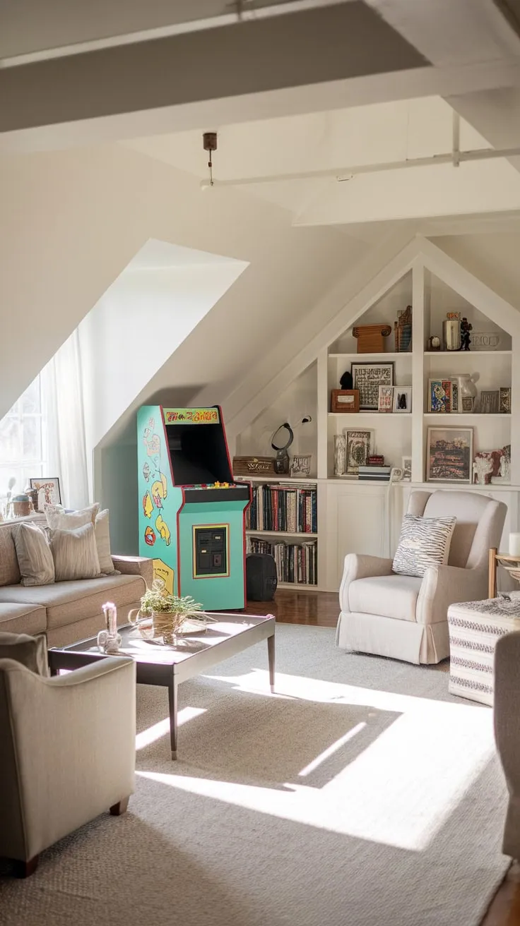 The attic transforms into your personal haven: a vintage Pac-Man arcade cabinet stands ready to transport you back to simpler times, while the promise of cozy seating ensures that every leisurely afternoon spent here is a perfect marriage of nostalgia and pure comfort.