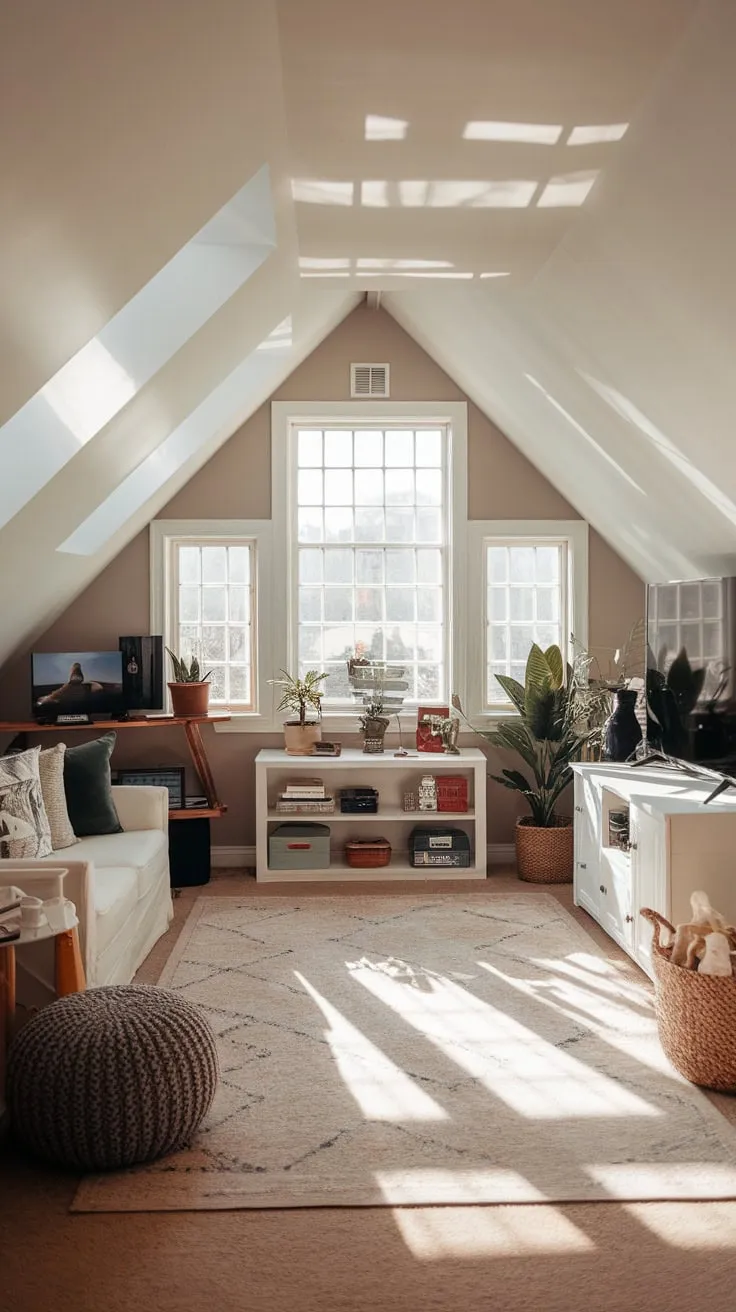 Ascend to your attic sanctuary, a masterful fusion of cozy relaxation and sophisticated flair, promising an irresistible escape into a world of limitless gaming possibilities.