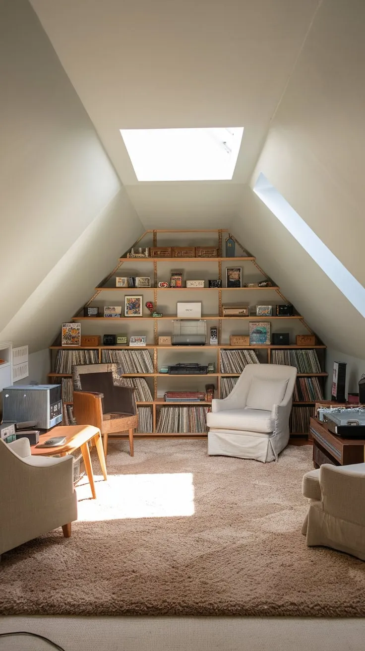 Ascend to your attic escape, where the ghosts of gaming past mingle with the promise of present-day relaxation. Here, amidst the artful arrangement of retro consoles and treasured records, you'll find yourself irresistibly drawn to unwind and rediscover the simple joys of a bygone era.