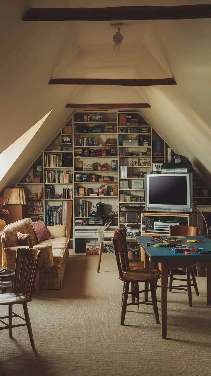 Escape to this cozy attic game room, a haven of vintage charm and endless entertainment.  This attic entertainment area, complete with board games, a retro console setup, and comfy seating, offers the perfect attic leisure space for family fun and friendly competition.  Whether you're creating an attic gaming zone for late-night battles or a quiet attic playroom for a board game marathon, this attic recreation room is the ultimate attic fun room and attic game lounge.  This attic game area is more than just a room; it's a portal to countless hours of laughter and shared memories.