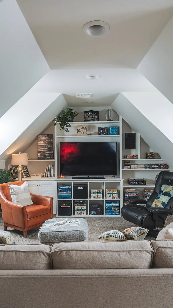 This attic transformation is pure gaming bliss!  From attic game room to ultimate attic gaming zone, this attic entertainment area is the perfect attic leisure space for friends and family.  Complete with comfy seating, ample storage for games and consoles, and a huge screen, it's the ultimate attic playroom and attic fun room – an attic recreation room redefined.