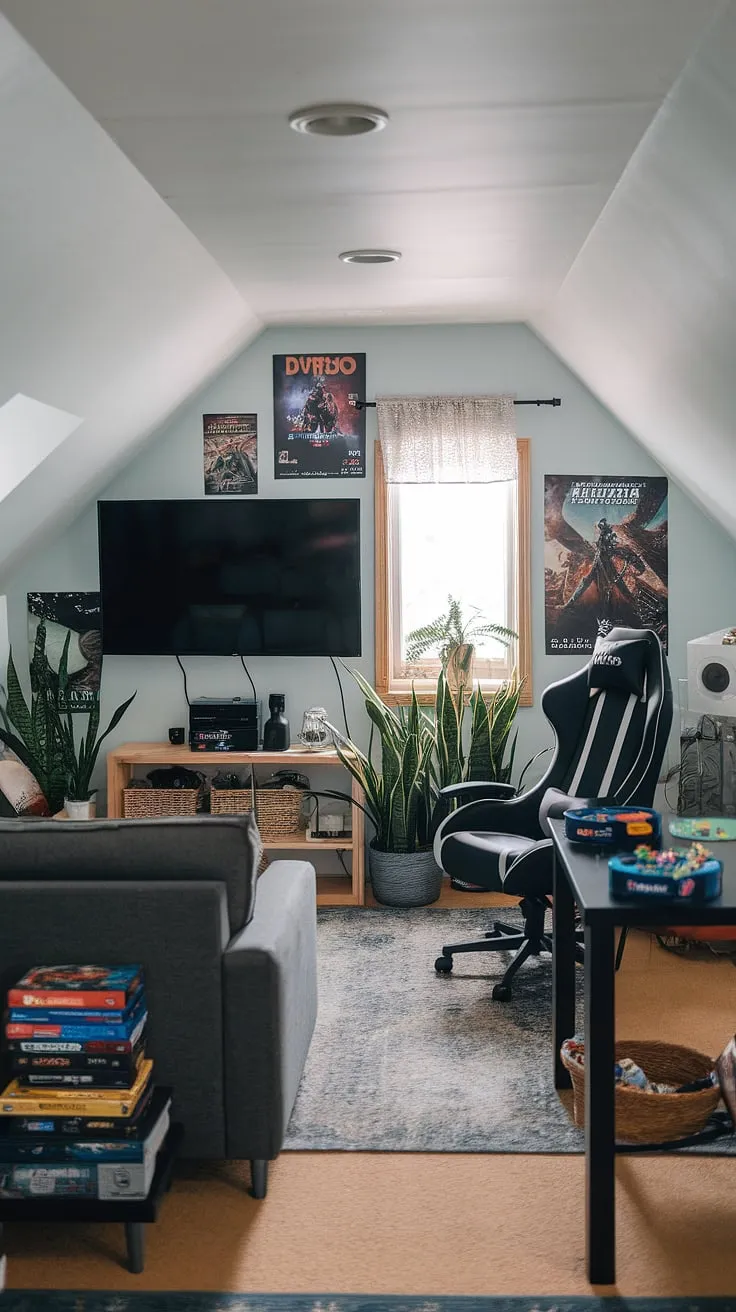 Escape the everyday in this incredible attic gaming zone.  This attic game room, attic gaming space, and attic entertainment area is a gamer's paradise.  Complete with a comfy couch, dedicated gaming chair, and a selection of board games, this attic playroom, attic recreation room, and attic leisure space is the perfect attic fun room and attic game lounge—an attic game area where relaxation and fun collide.