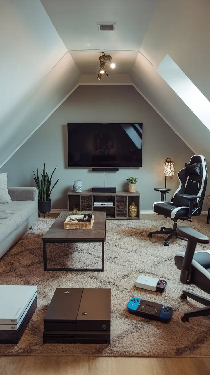 This attic transformation is pure gaming bliss!  From attic playroom to ultimate attic game lounge, this attic recreation room boasts a PS5, Xbox Series X, and Switch, ensuring endless fun in this cozy attic gaming space.  The perfect attic entertainment area for serious gamers and casual players alike. This attic game area is the ultimate attic leisure space.