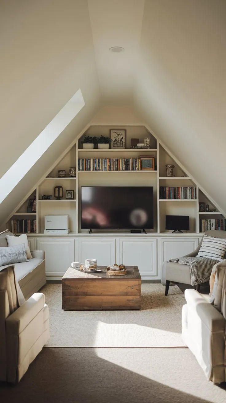 This attic game room, with its inviting neutral tones and perfectly arranged furniture, is the ultimate retreat for gaming enthusiasts, featuring all the top consoles for endless entertainment.