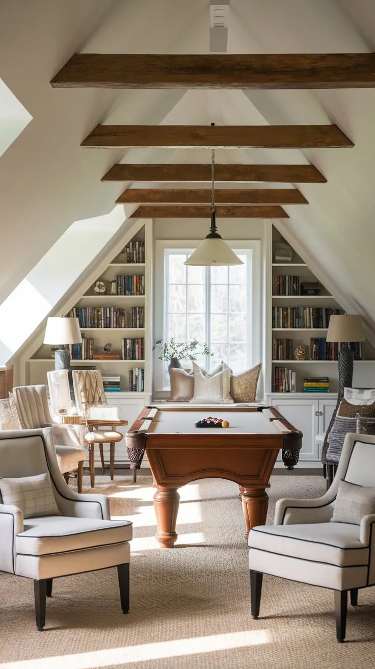 Beneath the charming embrace of exposed wooden beams, the attic transforms into your personal haven. A beckoning pool table promises friendly competition, while a well-stocked bookshelf whispers tales of adventure, offering a seamless fusion of invigorating play and tranquil escape.