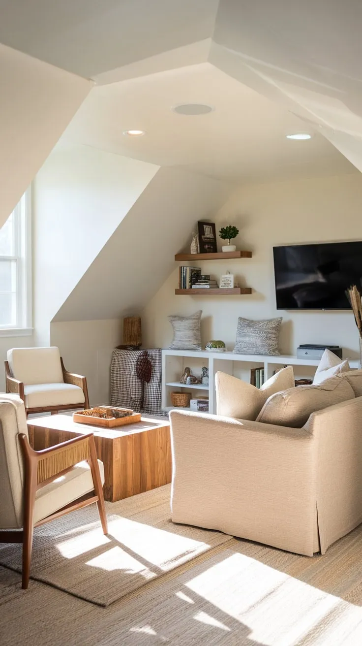 Sunlight streams through the attic windows, illuminating a game room where a plush, beige sofa beckons you to sink in and lose yourself in an afternoon of blissful relaxation, surrounded by decor that whispers of curated comfort and effortless style.