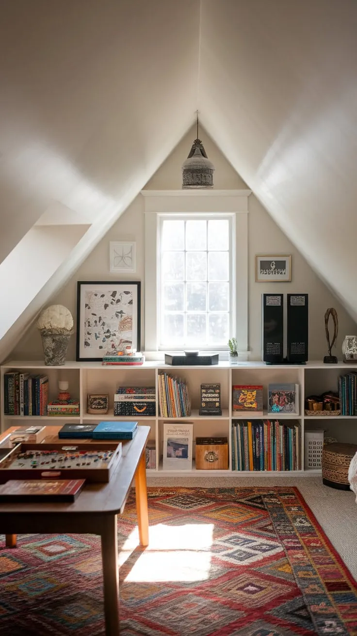 Step into your attic escape, a haven painted in soothing neutrals, grounded by a rug bursting with life – a perfect equilibrium of calm and exhilaration, whispering promises of quiet evenings spent strategizing over a board game or thrilling adventures embarked upon through the screen.