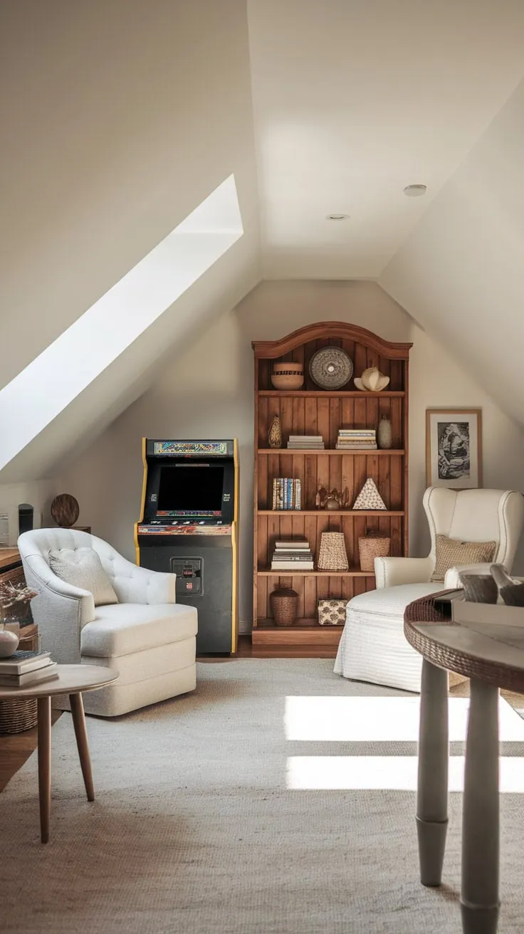 Ascend to your own personal sanctuary, an attic game room where nostalgia and relaxation intertwine, beckoning you to unwind amidst a stylishly curated collection of classic amusements.