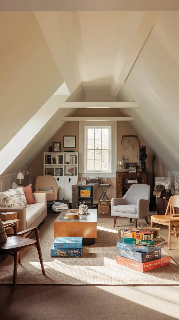 This attic game room beautifully blends modern and antique elements, creating a warm and inviting space perfect for gathering with friends and family over classic board games.