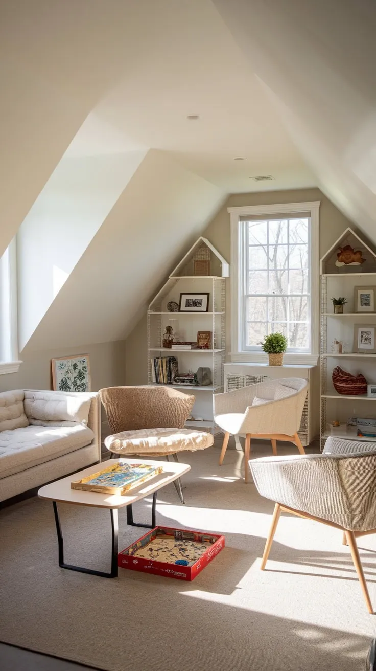 This attic game room, with its cozy furnishings and neatly organized games, offers the perfect retreat for leisurely afternoons spent in good company.