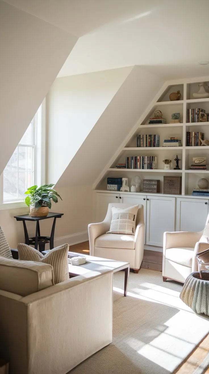 Ascend to your attic sanctuary, where neutral hues cradle you in tranquility, and plush furnishings beckon you to unwind amidst a curated collection of literary treasures and delightful decor, offering the perfect escape for both playful amusement and peaceful repose.