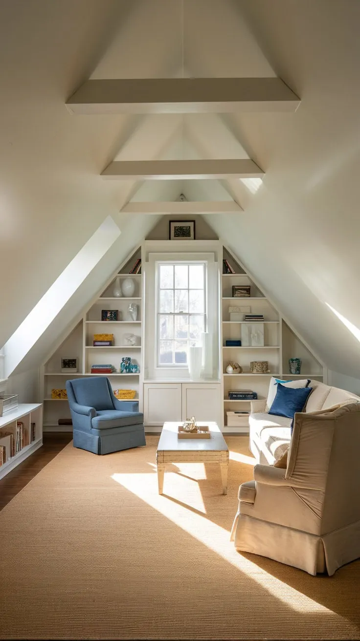 Step into the attic game room, where a calming neutral palette washes over you, and plush seating beckons, promising a sanctuary for both unwinding and playful adventures.