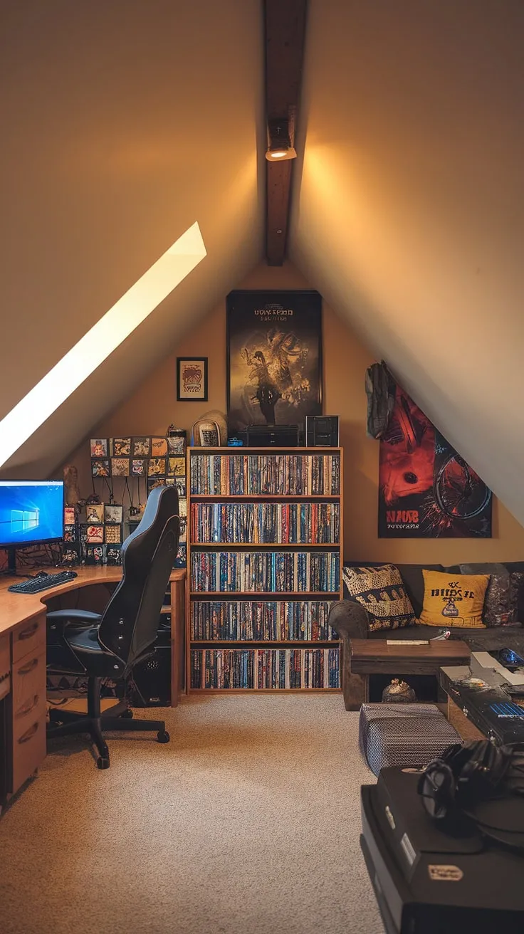 Escape to this enchanting attic game room, a haven of gaming bliss.  This attic gaming space offers the perfect blend of comfort and excitement, transforming the attic into a fantastic attic entertainment area.  With dedicated gaming stations, a cozy couch, and shelves brimming with games, this attic playroom is the ultimate attic recreation room—a private attic leisure space where fun reigns supreme.  It's more than just an attic game area; it's your personal attic gaming zone, an attic fun room, and a truly inviting attic game lounge.