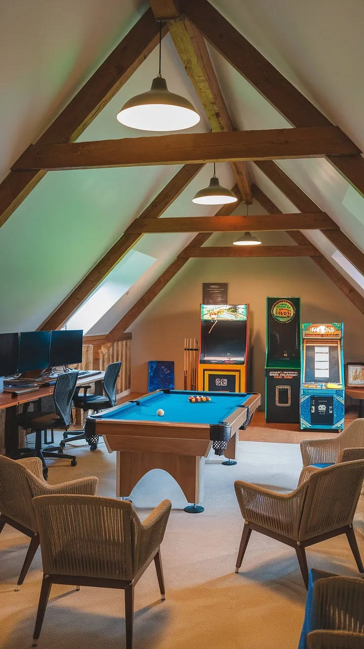 This attic game room, a true attic gaming space, offers the ultimate escape.  From the classic arcade claw machine to the sleek gaming console setup and inviting pool table, this attic entertainment area is a haven for fun.  Every detail, from the exposed wooden beams to the strategically placed lighting, contributes to the unique charm of this attic playroom, a perfect attic recreation room for friends and family.  It's more than just an attic leisure space; it's an attic game area, an attic gaming zone, an attic fun room, and a fantastic attic game lounge all rolled into one.