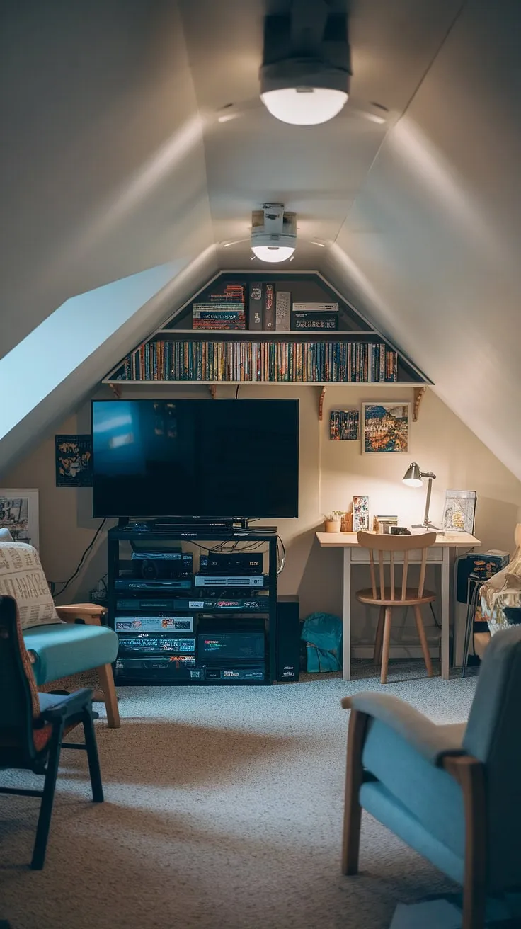 This attic game room, transformed into an ultimate attic gaming space, is the perfect attic entertainment area for endless fun.  Cozy seating, a large screen TV, and a curated collection of games make this attic playroom the ultimate attic recreation room—a true attic leisure space where gaming reigns supreme.  It's more than just an attic game area; it's an attic gaming zone, an attic fun room, and a fantastic attic game lounge.