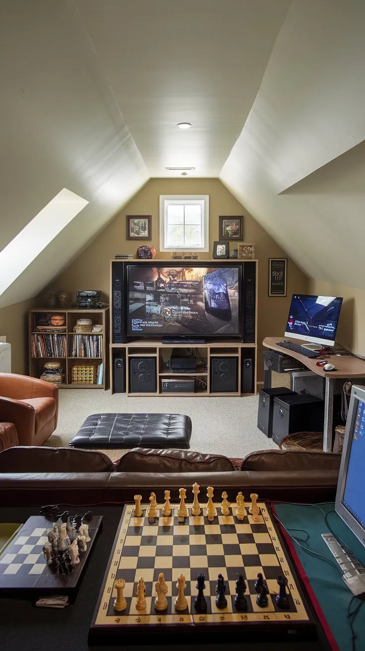 Unwind and unleash your inner child in this meticulously designed attic game room.  This attic gaming space offers the ultimate blend of modern and classic gaming, with dedicated areas for console gaming, PC gaming, and board games.  Whether you're looking for an attic entertainment area, attic playroom, attic recreation room, attic leisure space, attic game area, attic gaming zone, attic fun room, or attic game lounge, this space has it all.