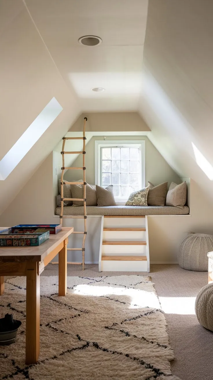 Imagine escaping to your attic game room, where the inviting board game setup and the charming loft window seat conspire to steal away entire afternoons in a blissful, sun-drenched haven.