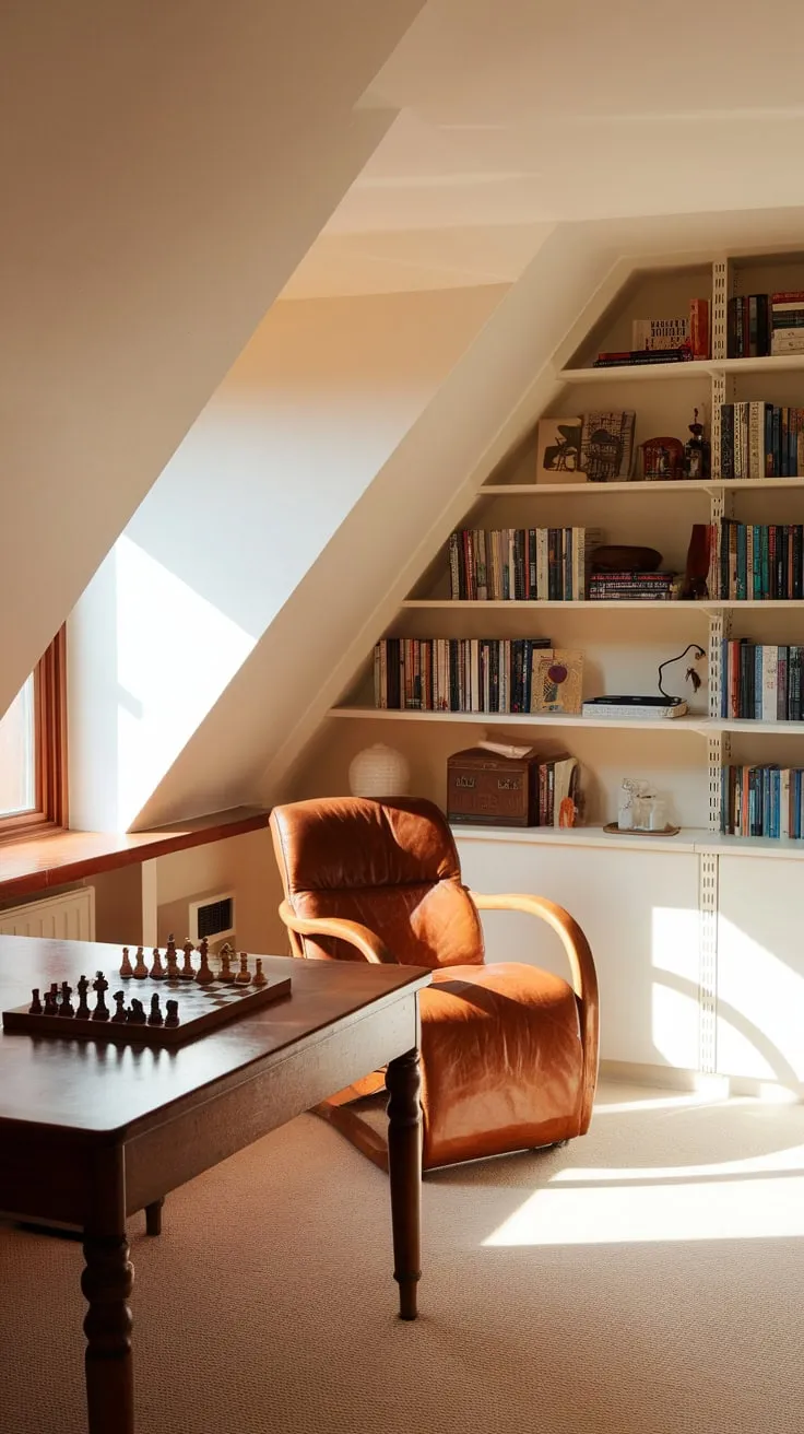 This attic game room exudes a charming warmth, inviting you to settle into the leather chair and engage in a strategic battle over the chessboard while surrounded by the comforting presence of books and decor.