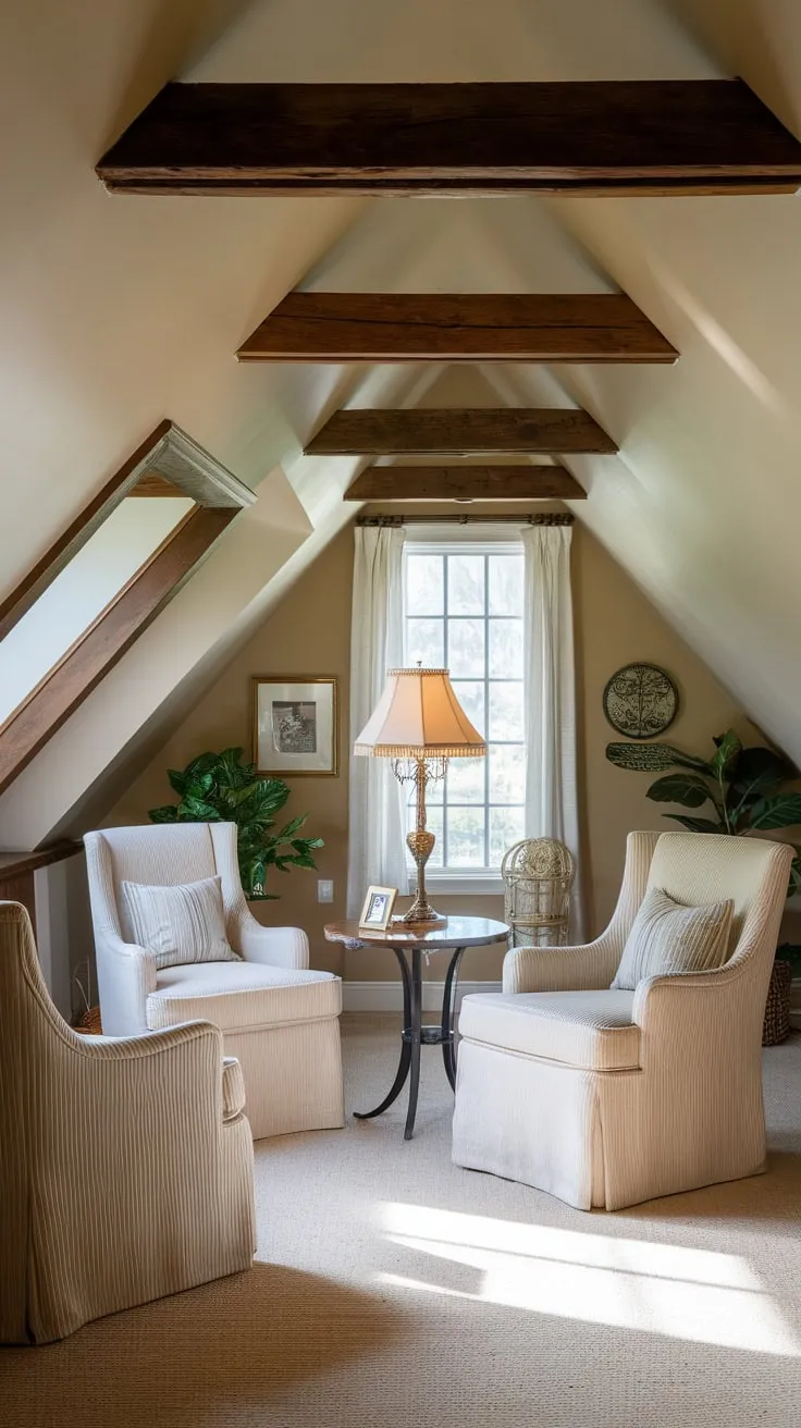 Sunlight streams through the dormered windows of the attic game room, painting the vintage decor in a golden glow that wraps you in a comforting embrace, beckoning you to sink into a well-worn armchair and lose yourself in the simple pleasures of a bygone era.