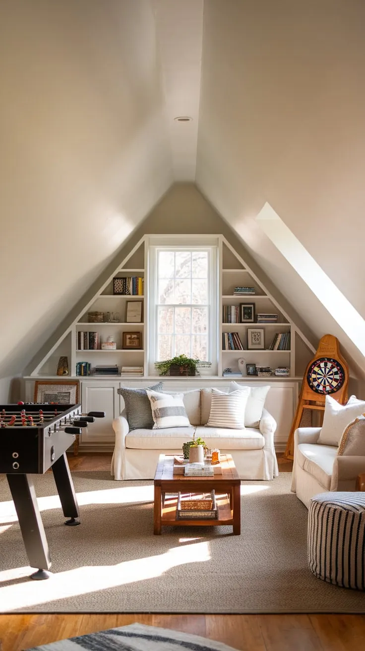 This attic game room, with its neutral tones and inviting setup, is the perfect blend of relaxation and entertainment, offering a cozy retreat for both leisure and play.