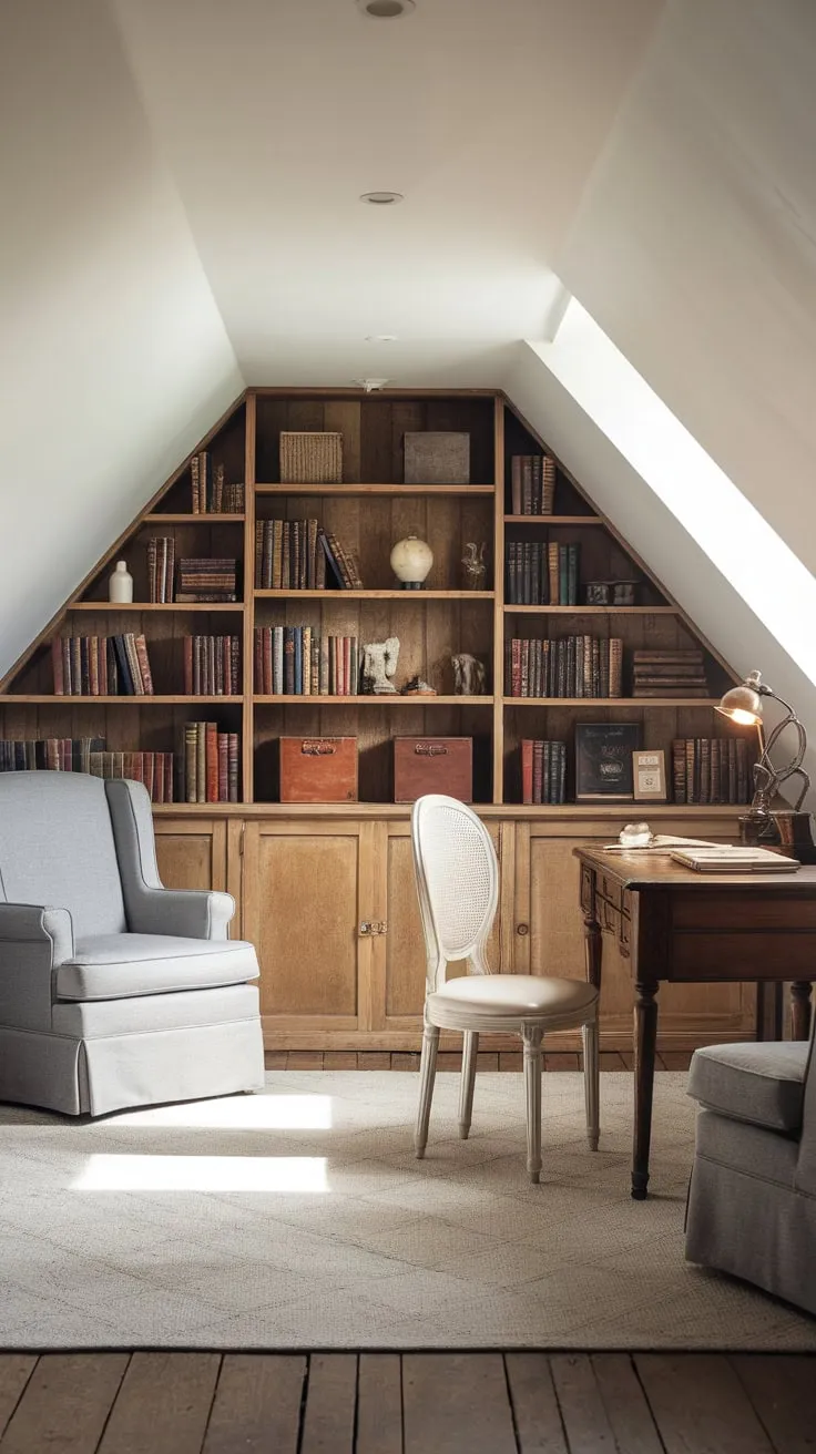 This attic game room beautifully blends vintage charm with modern comfort, creating an inviting space perfect for leisurely afternoons filled with classic games and good reads.