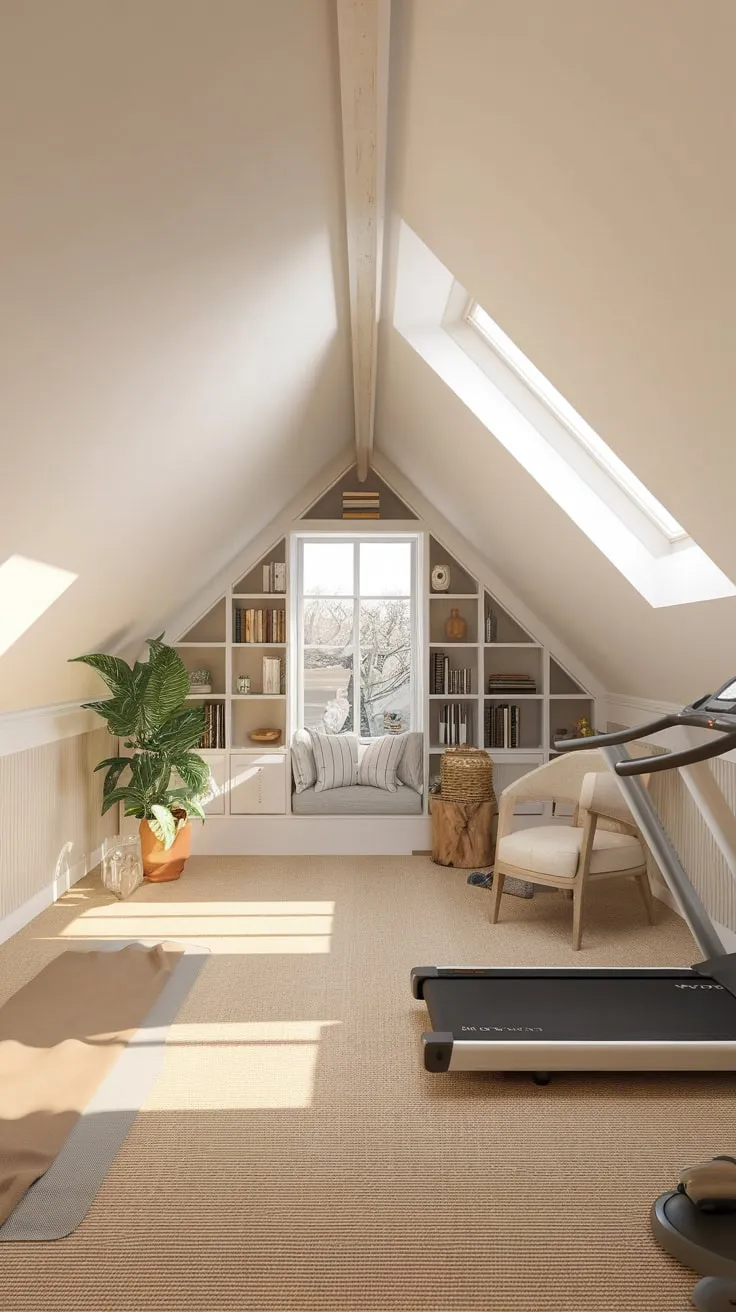 Step into your attic gym, a haven where sculpted design meets pure comfort, transforming workouts from chore to cherished ritual.