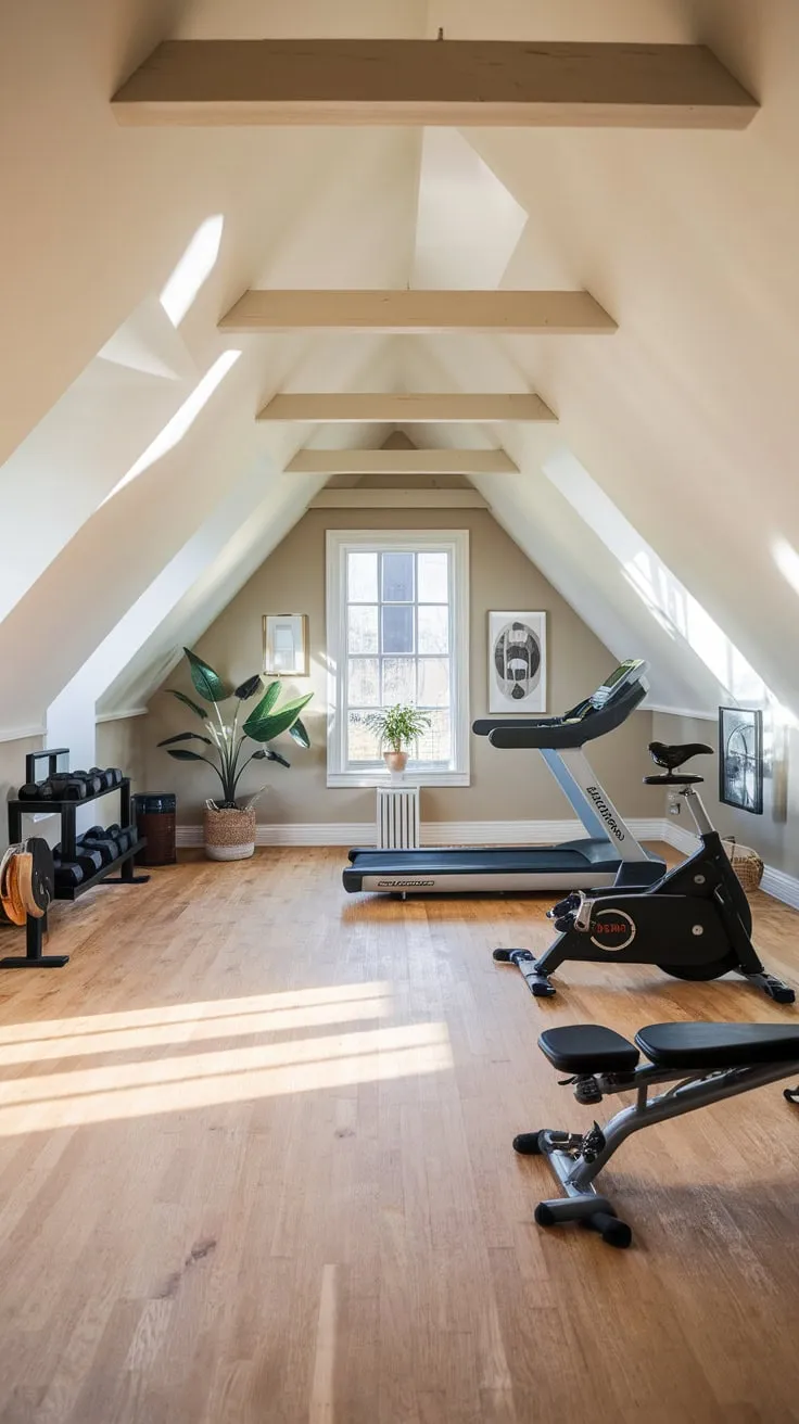 Imagine stepping into your attic, now a fitness oasis: a thoughtfully crafted gym that seamlessly blends practicality and relaxation, offering you the perfect environment to elevate your workouts within a calming, neutral-hued retreat.