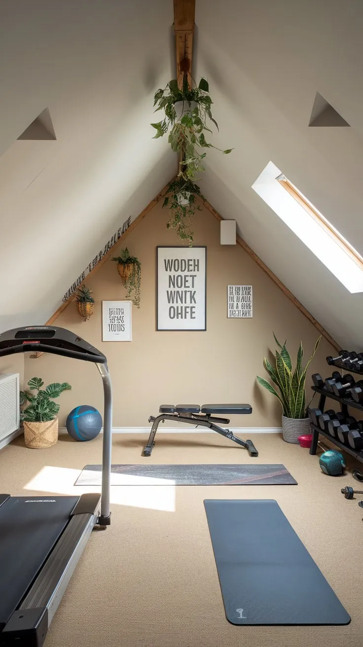 Ascend to your attic gym, a haven where fitness finds harmony. Here, functionality and tranquility intertwine, creating an inspiring space where you can chase your goals surrounded by the unique character of sloping ceilings and the calming presence of verdant plants.