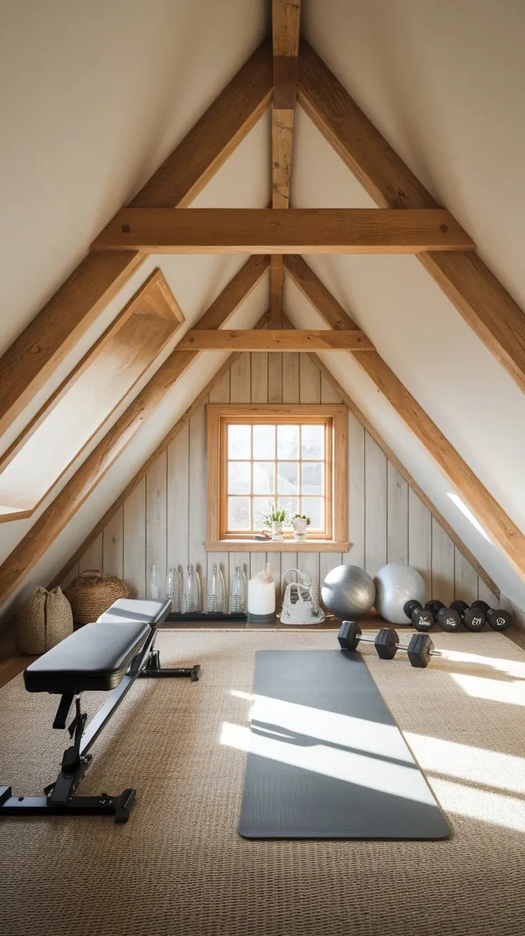 Step into your attic gym, where raw functionality meets plush comfort, transforming the space into a sanctuary equally suited for pushing your limits in a high-intensity workout or finding your center in a tranquil yoga flow.
