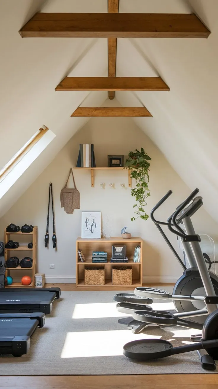 Step into your attic gym, a haven where meticulously organized equipment meets serene design. Here, the line between invigorating workouts and quiet contemplation blurs, creating a space perfectly tailored to both your physical and mental well-being.