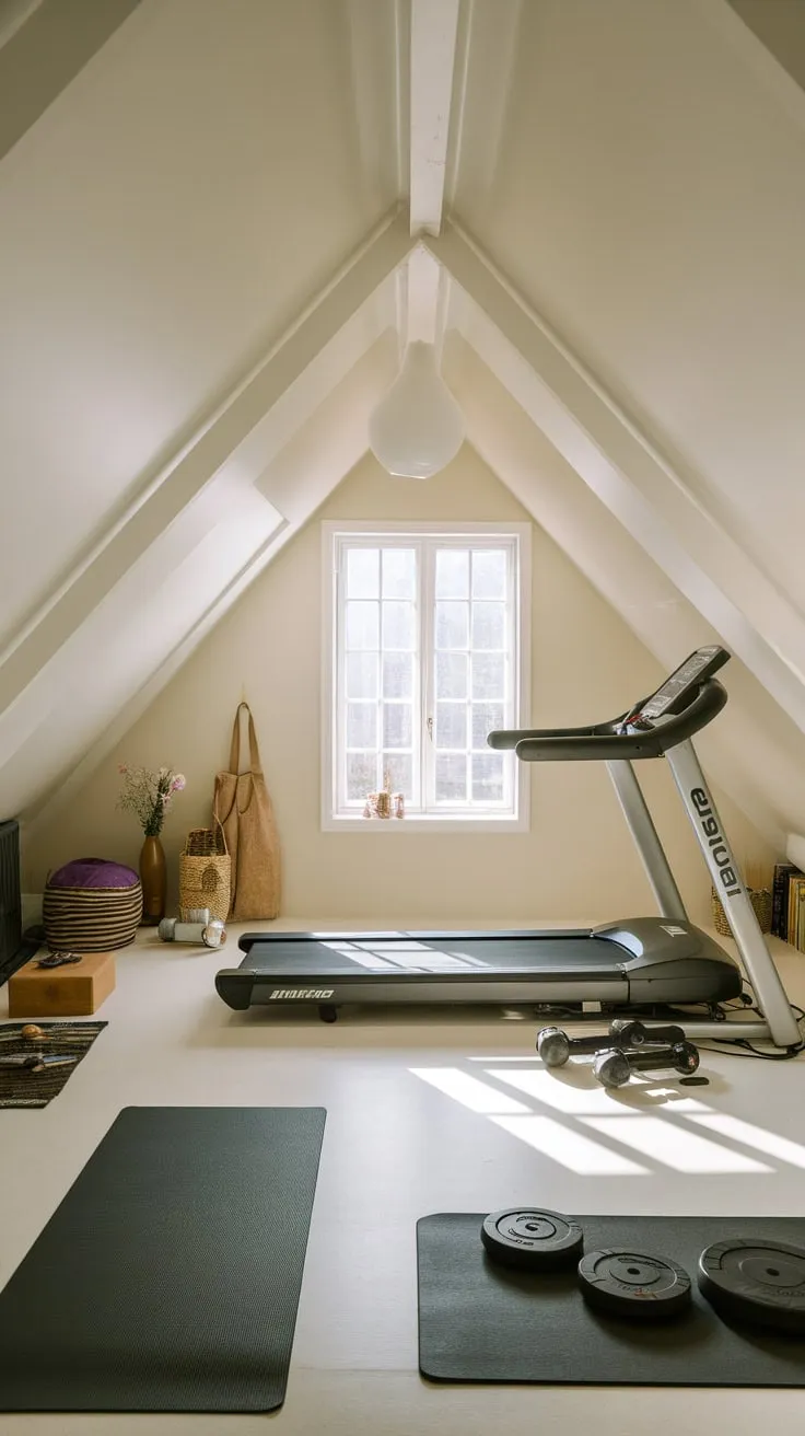 Ascend to your private sanctuary: a minimalist attic gym where clean lines and meticulous order conspire to create a haven for deeply focused workouts.